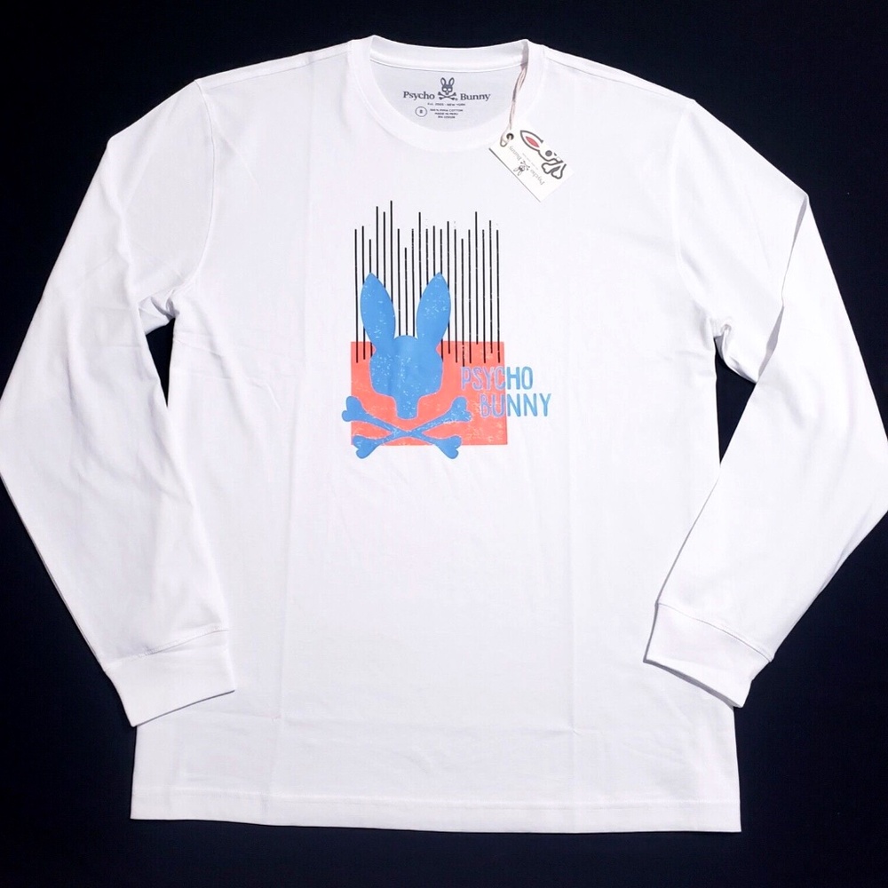NEW Psycho Bunny Graphic XXL 8 White Pima Cotton Crewneck Long Sleeve T-Shirt